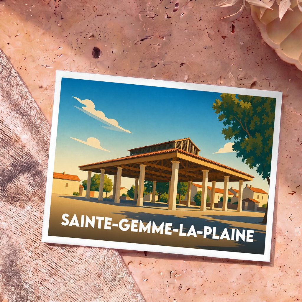 Carte postale souvenir de la ville de Sainte-Gemme-la-Plaine avec une illustration stylisée de ses halles.