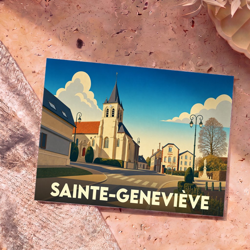 Carte postale souvenir de la ville de Sainte-Geneviève avec une illustration stylisée de son église.
