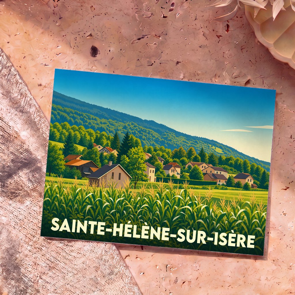Carte postale souvenir de la ville de Sainte-Hélène-sur-Isère avec une illustration stylisée d'un paysage de campagne et de montagnes.