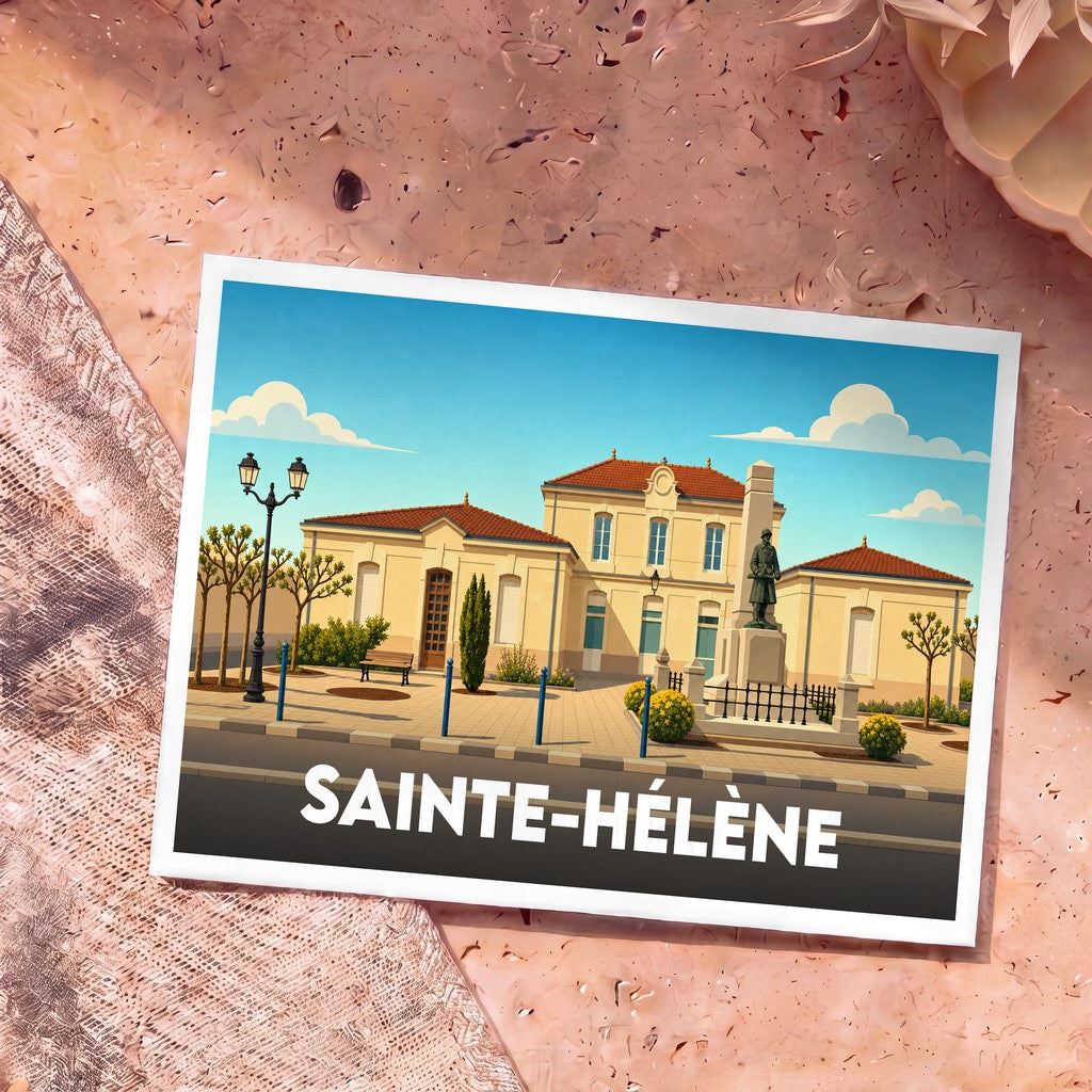 Carte postale souvenir de la ville de Sainte-Hélène avec une illustration stylisée de sa mairie et de son monument aux morts.