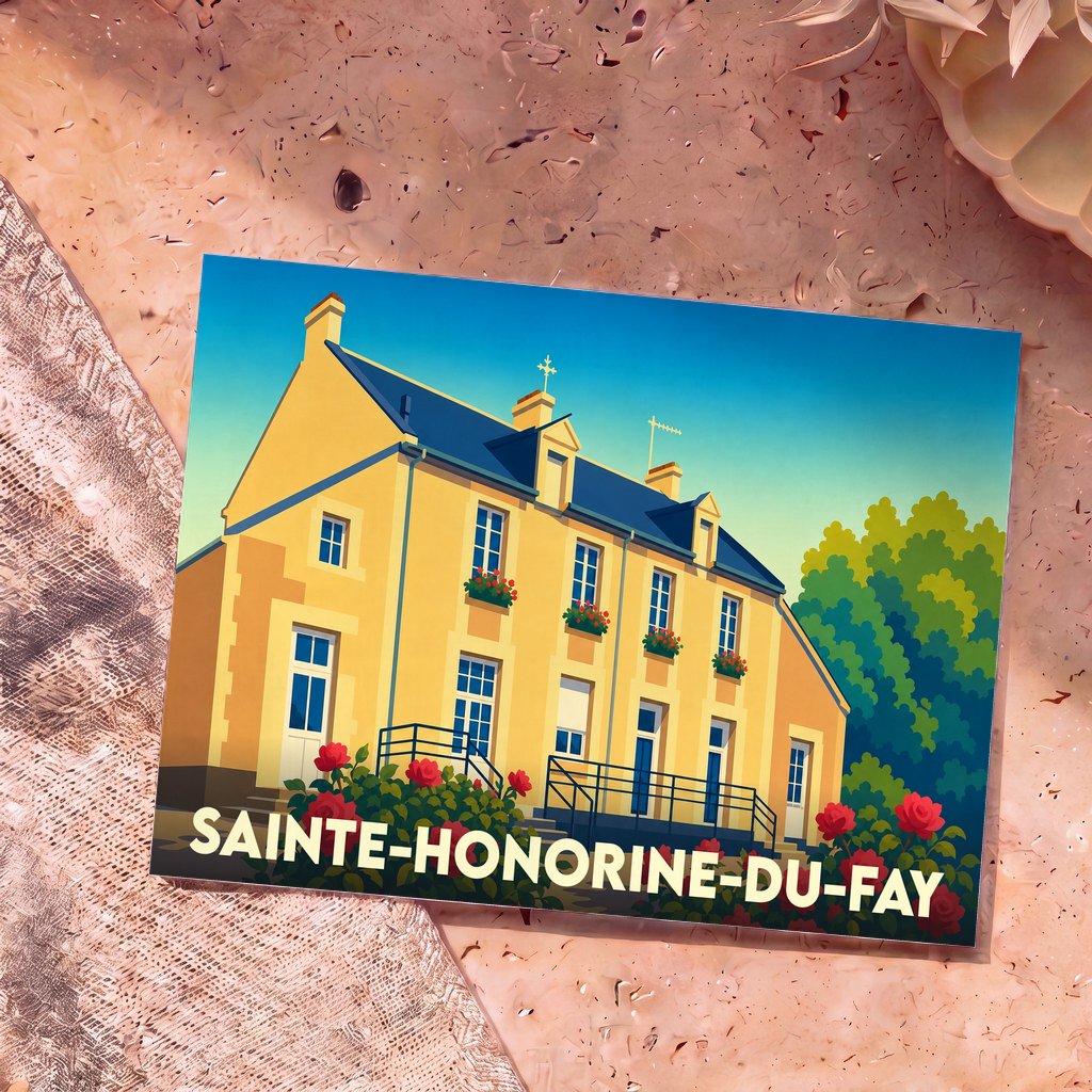 Carte postale souvenir de la ville de Sainte-Honorine-du-Fay avec une illustration stylisée d'une maison traditionnelle normande fleurie.