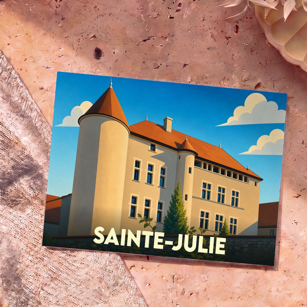 Carte postale souvenir de la ville de Sainte-Julie avec une illustration stylisée de son château.