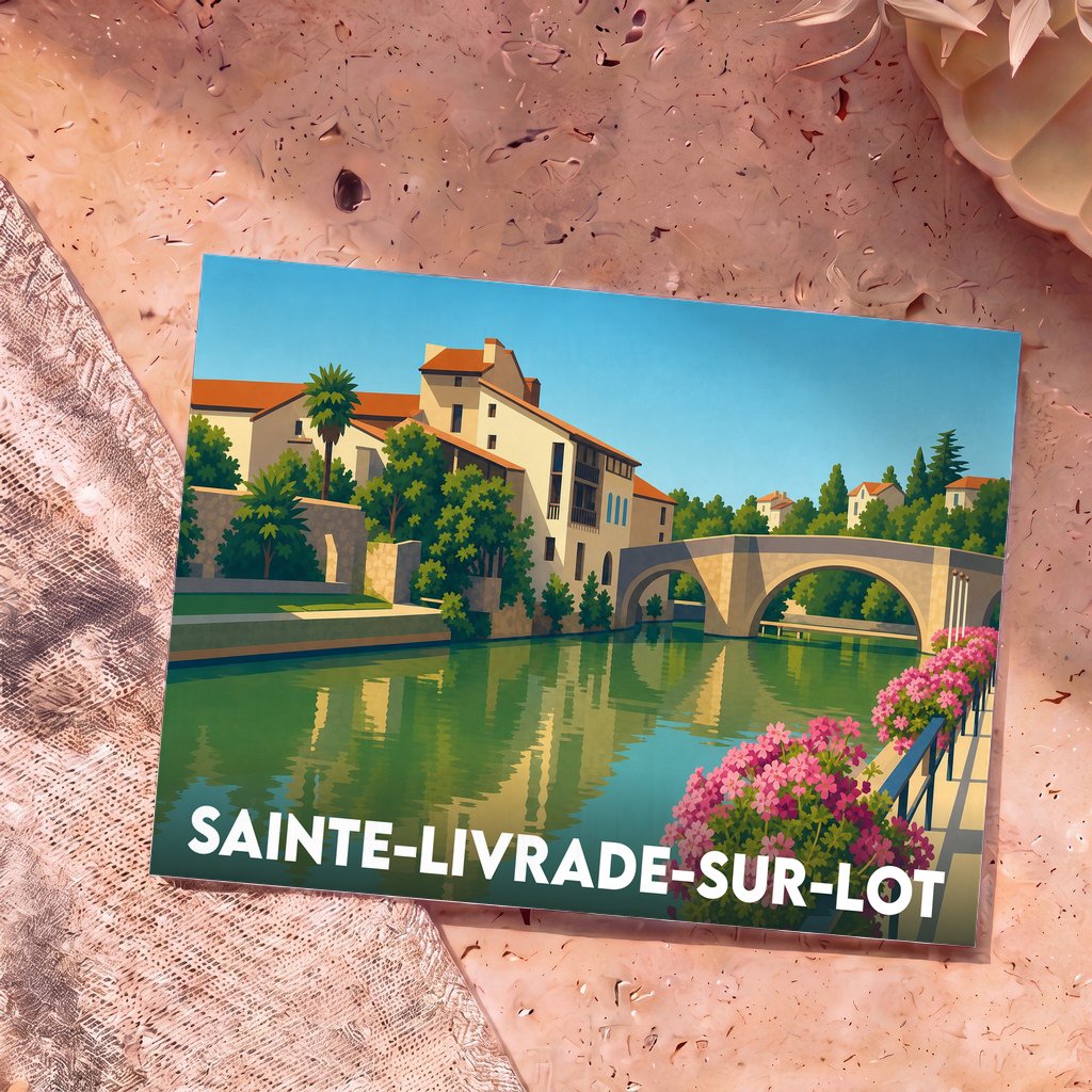 Carte postale souvenir de la ville de Sainte-Livrade-sur-Lot avec une illustration stylisée de ses bords de rivière et de son pont.