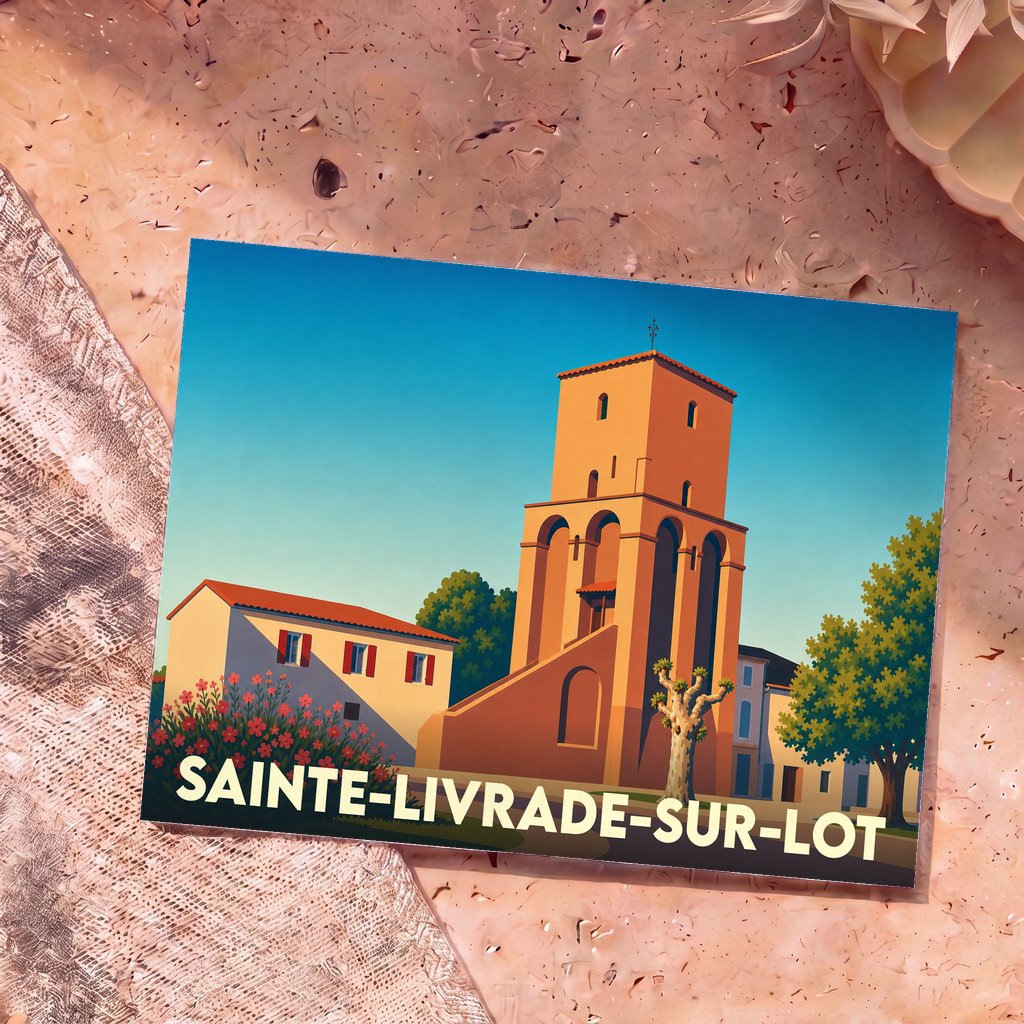 Carte postale souvenir de Sainte-Livrade-sur-Lot arborant une illustration stylisée de son église médiévale.