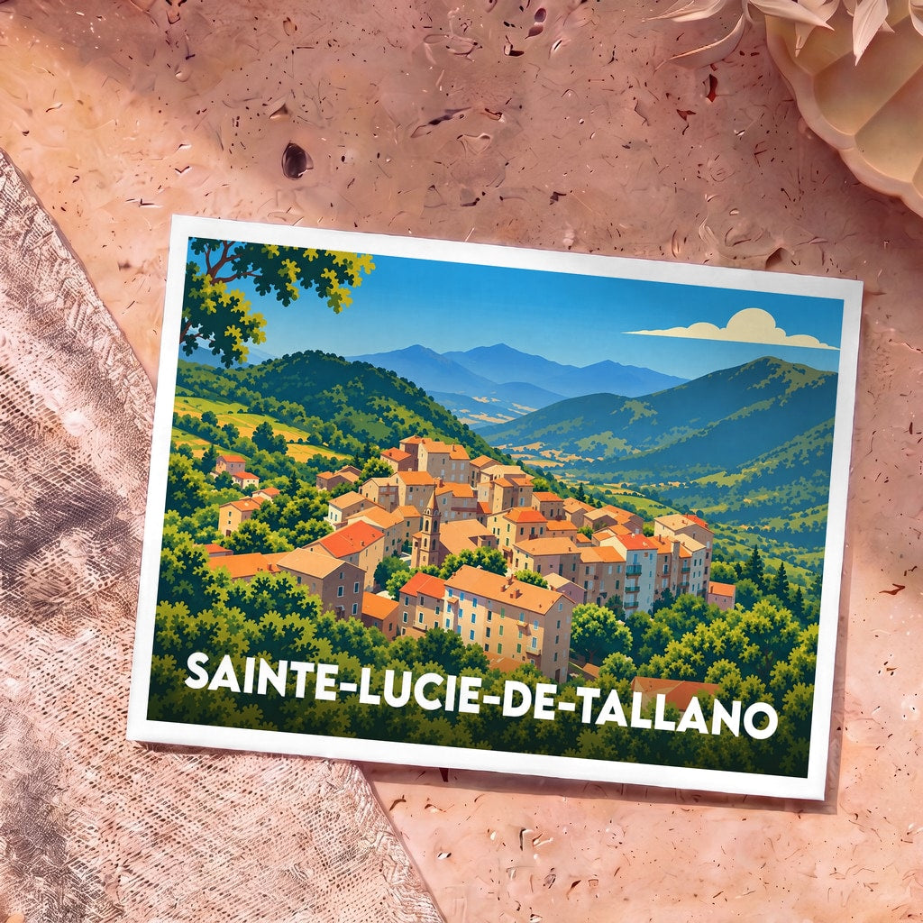 Carte postale souvenir de la ville de Sainte-Lucie-de-Tallano avec une illustration stylisée de son village vallonné.