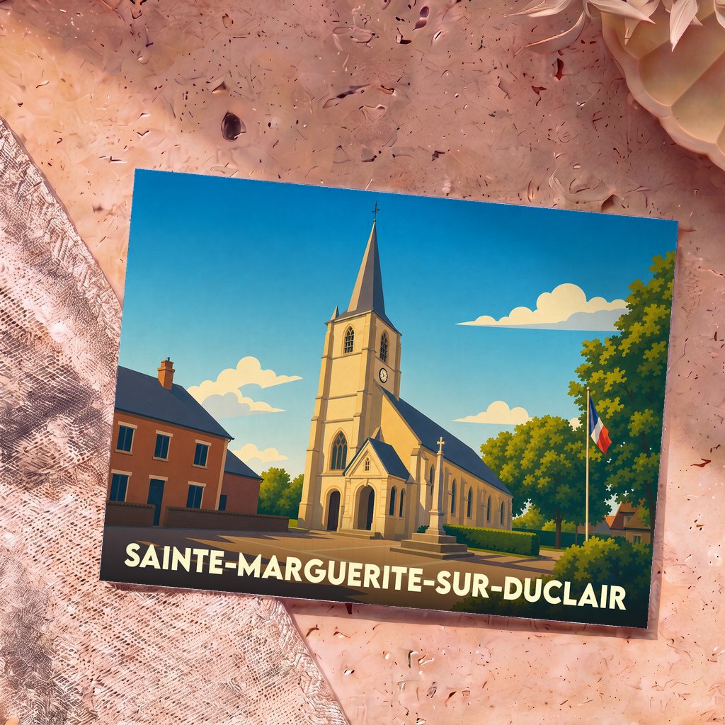 Carte postale souvenir de Sainte-Marguerite-sur-Duclair représentant son église dans un style graphique épuré.