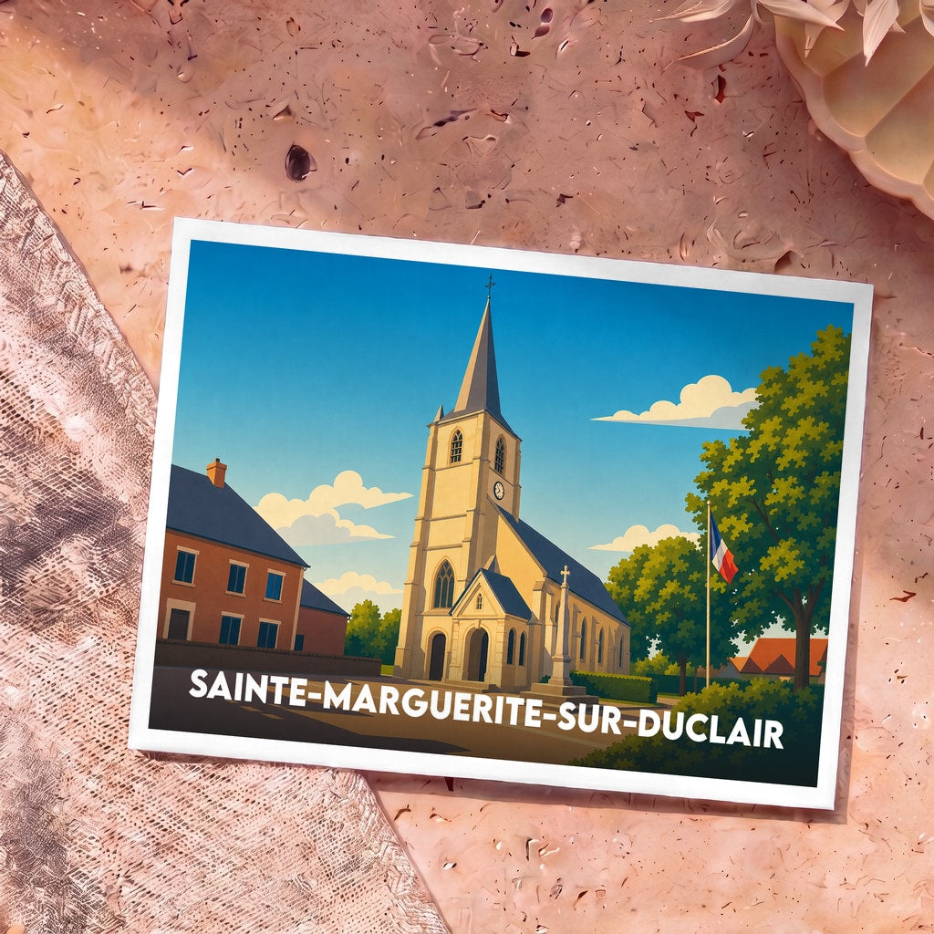 Carte postale souvenir de Sainte-Marguerite-sur-Duclair représentant son église dans un style graphique épuré.