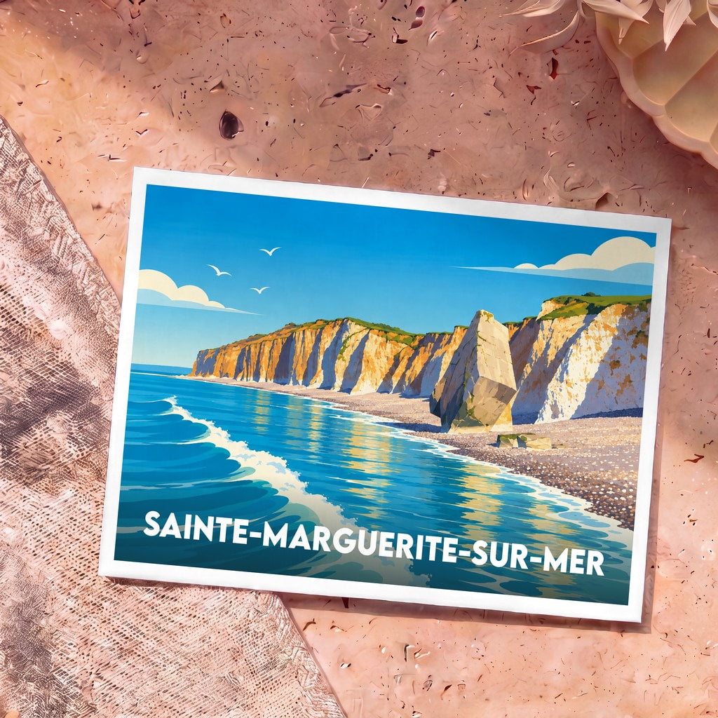 Carte postale souvenir de Sainte-Marguerite-sur-Mer illustrant ses falaises et une plage de galets dans un style graphique épuré.