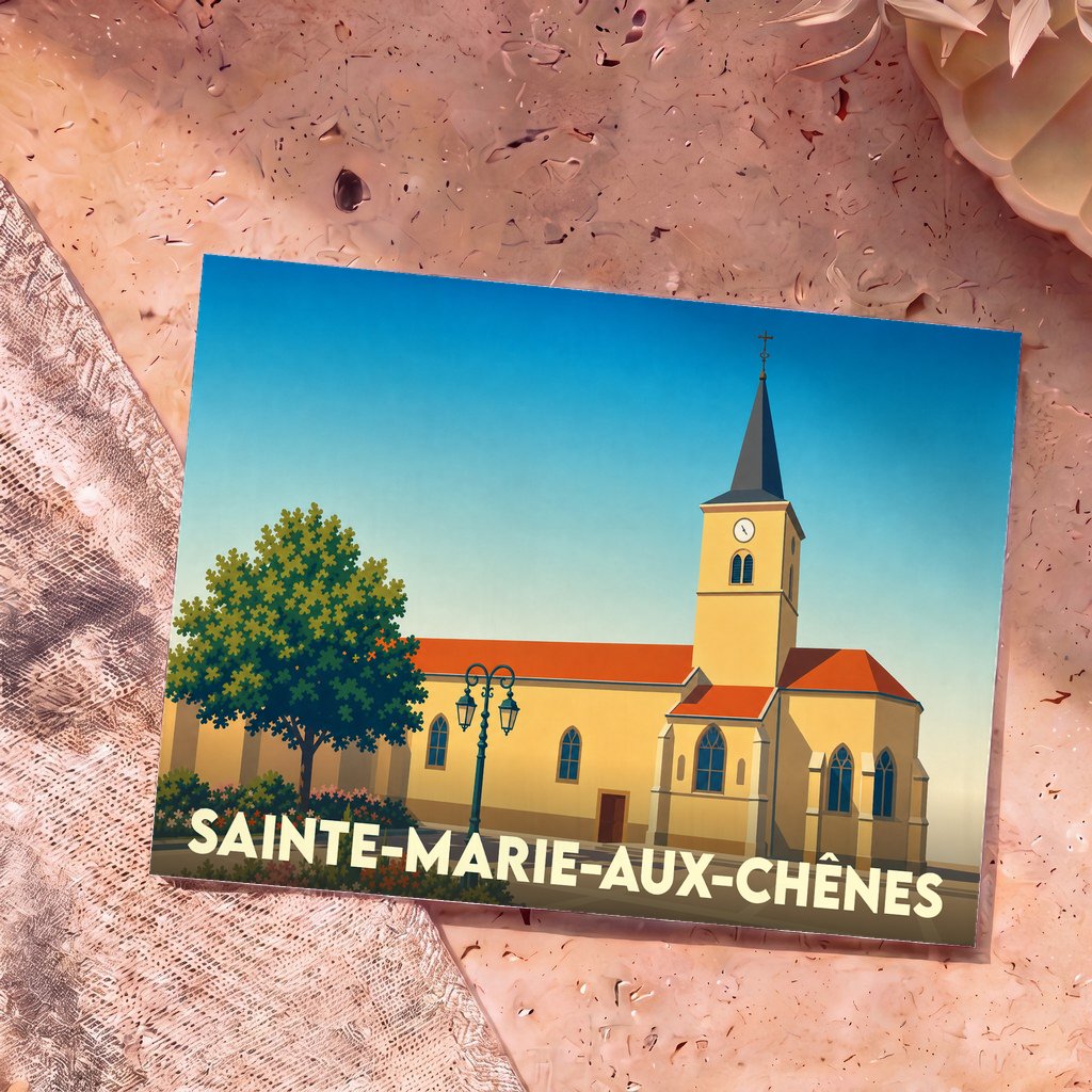 Carte postale souvenir de Sainte-Marie-aux-Chênes illustrant son église avec un style graphique épuré.