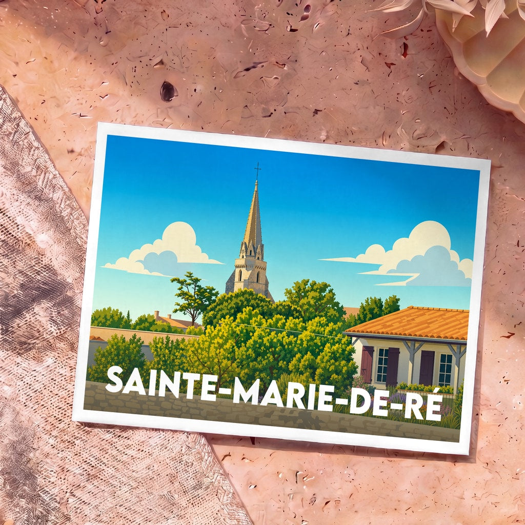 Carte postale souvenir de Sainte-Marie-de-Ré avec une illustration stylisée de son église et de maisons fleuries.