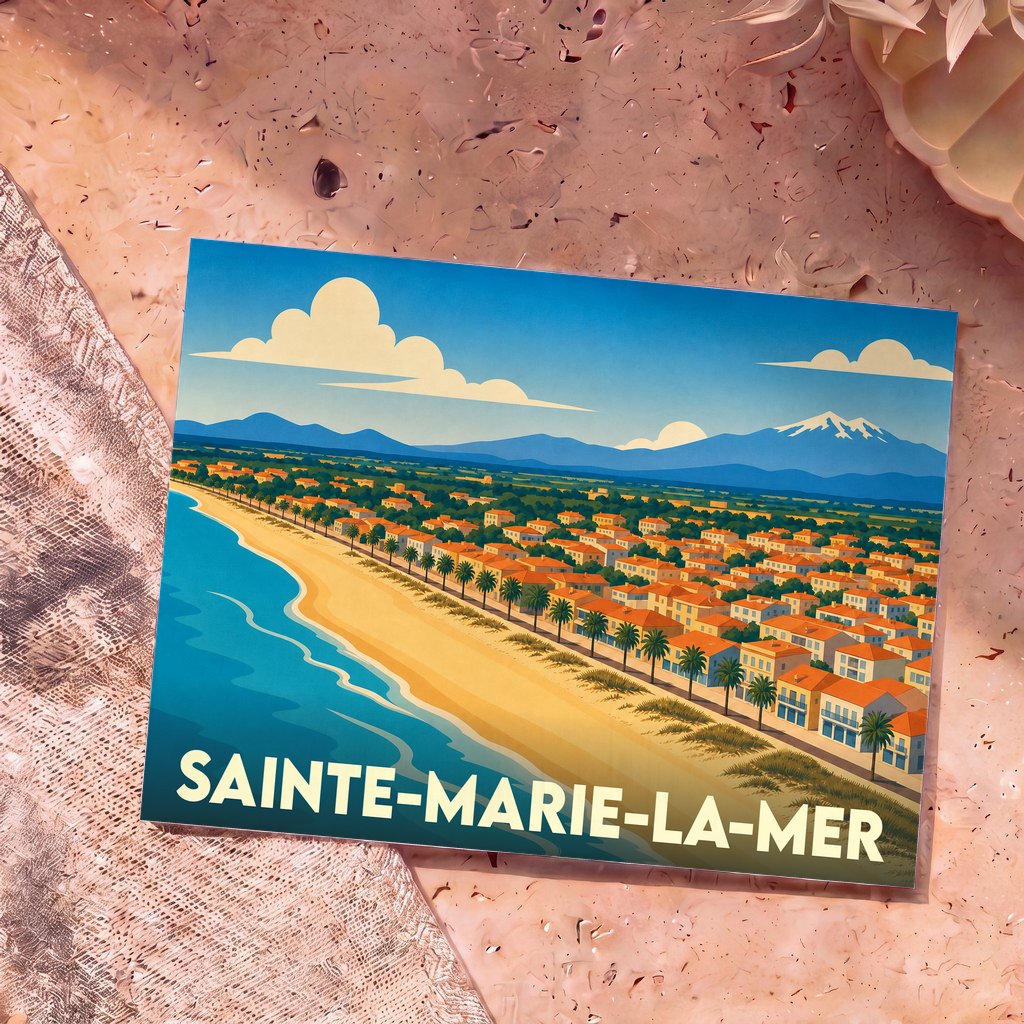 Carte postale souvenir de Sainte-Marie-la-Mer illustrant une plage bordée de maisons avec les Pyrénées en arrière-plan.
