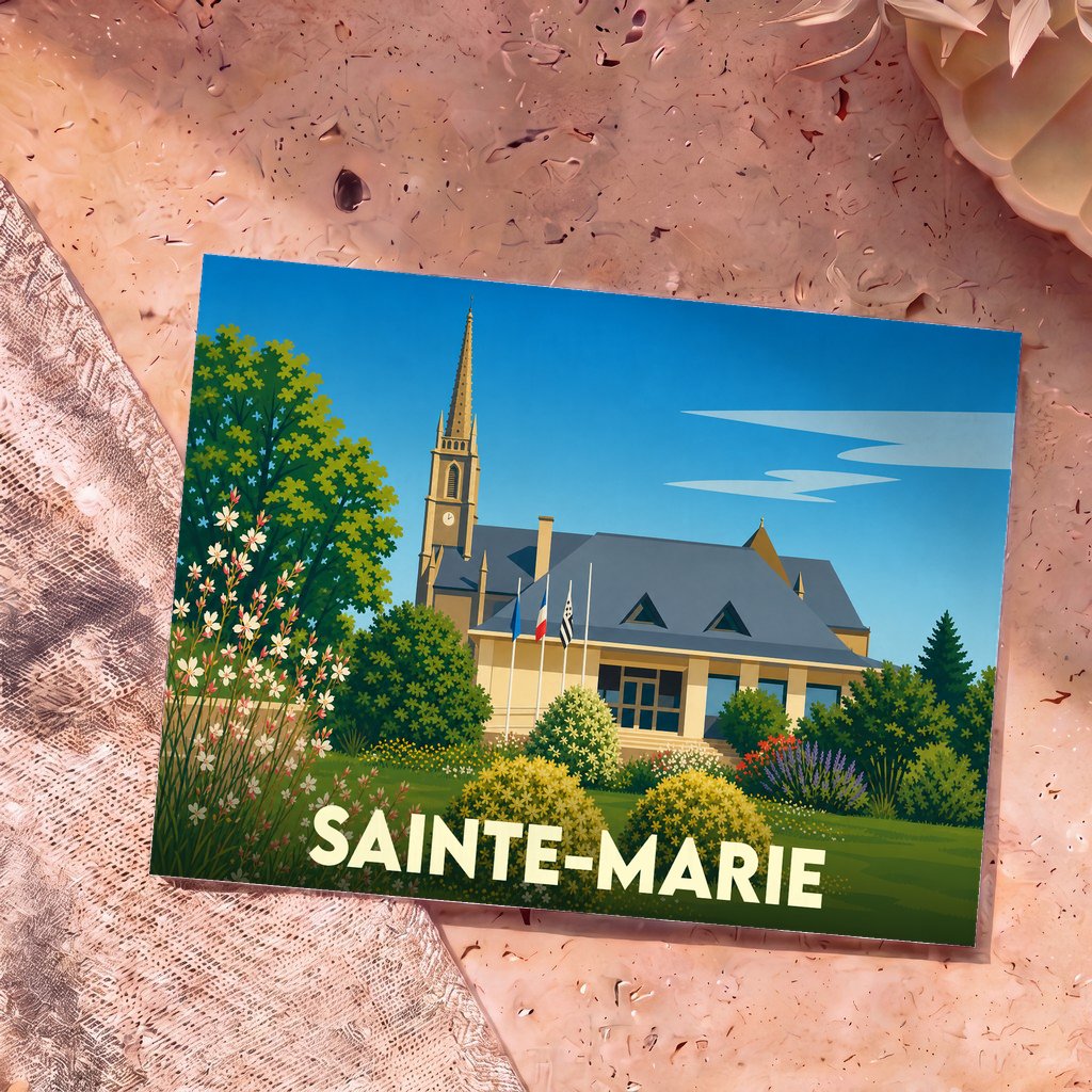 Carte postale souvenir de la ville de Sainte-Marie avec une illustration stylisée d'un bâtiment emblématique et son clocher.