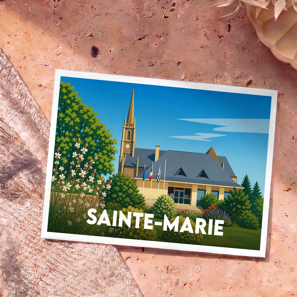 Carte postale souvenir de la ville de Sainte-Marie avec une illustration stylisée d'un bâtiment emblématique et son clocher.
