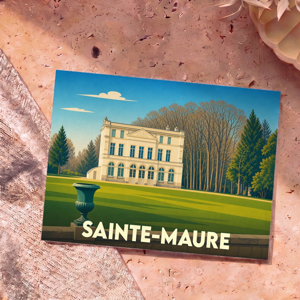 Carte postale souvenir de la ville de Sainte-Maure avec une illustration stylisée d'un château entouré d'un parc.