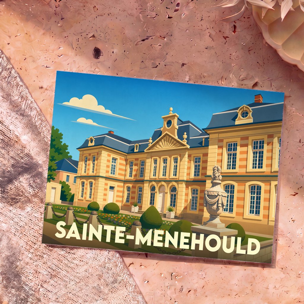 Carte postale souvenir de la ville de Sainte-Menehould avec une illustration stylisée de son hôtel de ville.