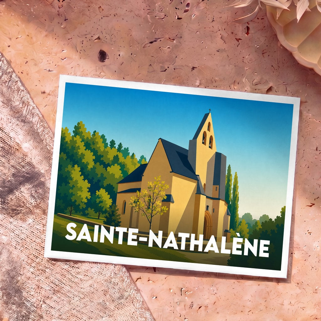 Carte postale souvenir de la ville de Sainte-Nathalène avec une illustration stylisée de son église.