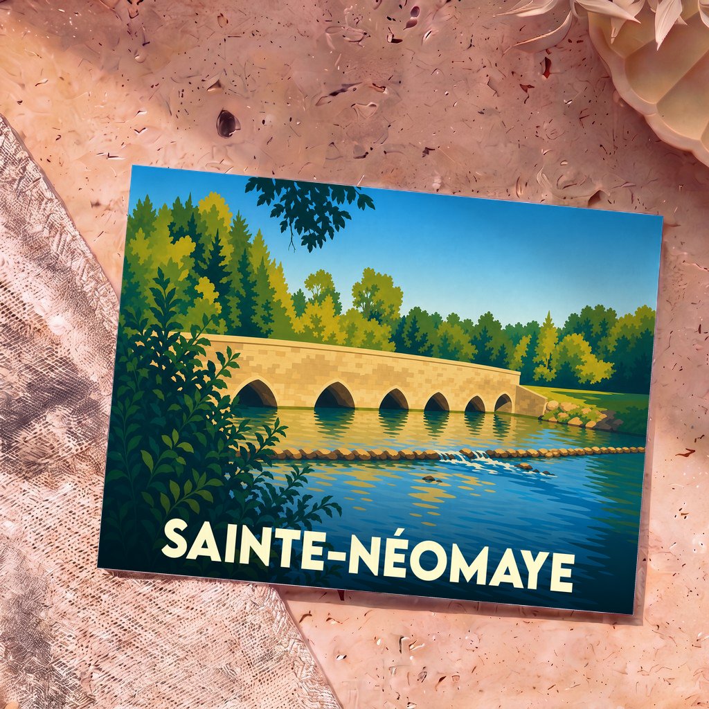 Carte postale souvenir de Sainte-Néomaye illustrant son pont de pierre enjambant la rivière dans un style graphique épuré.