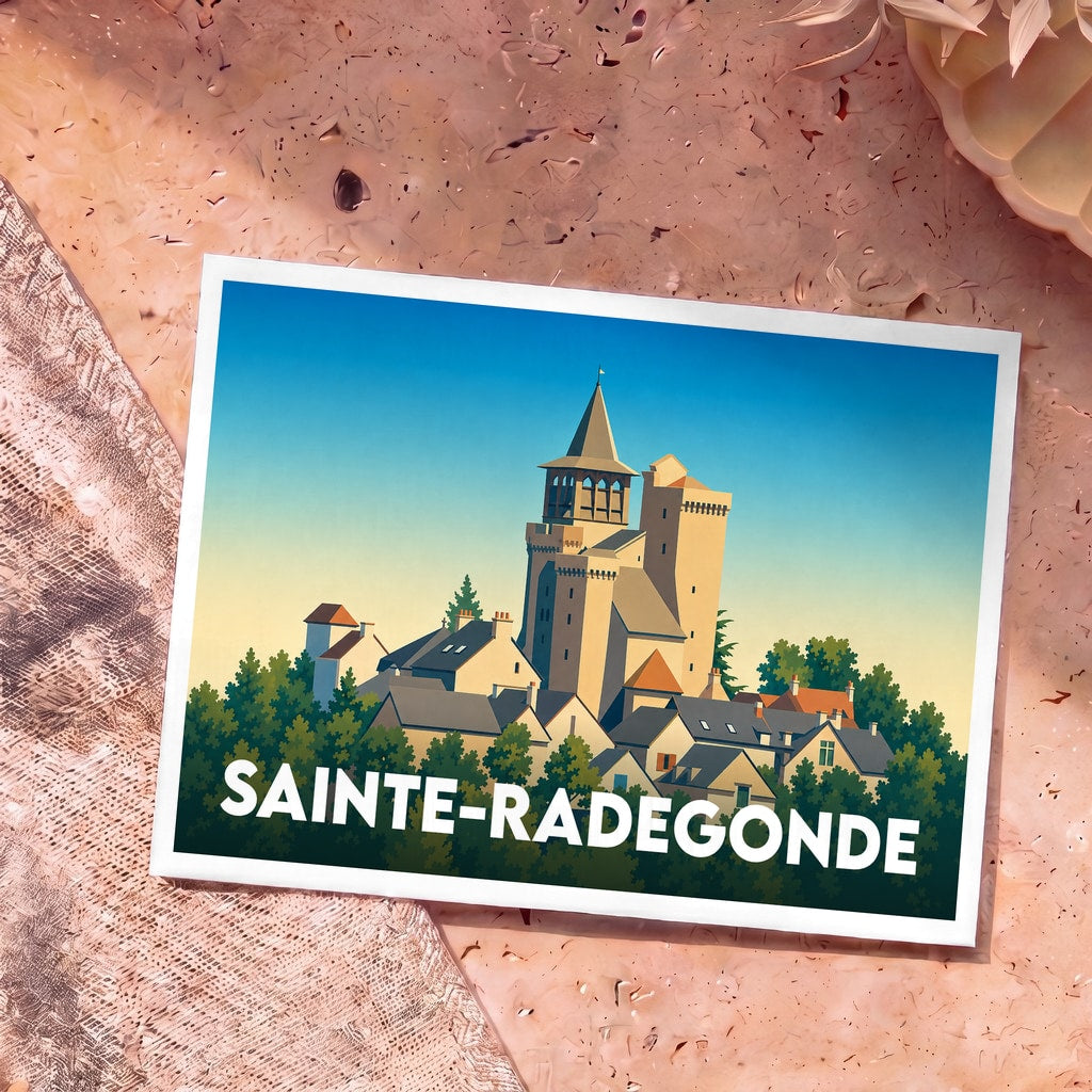 Carte postale souvenir de la ville de Sainte-Radegonde avec une illustration stylisée de ses monuments.