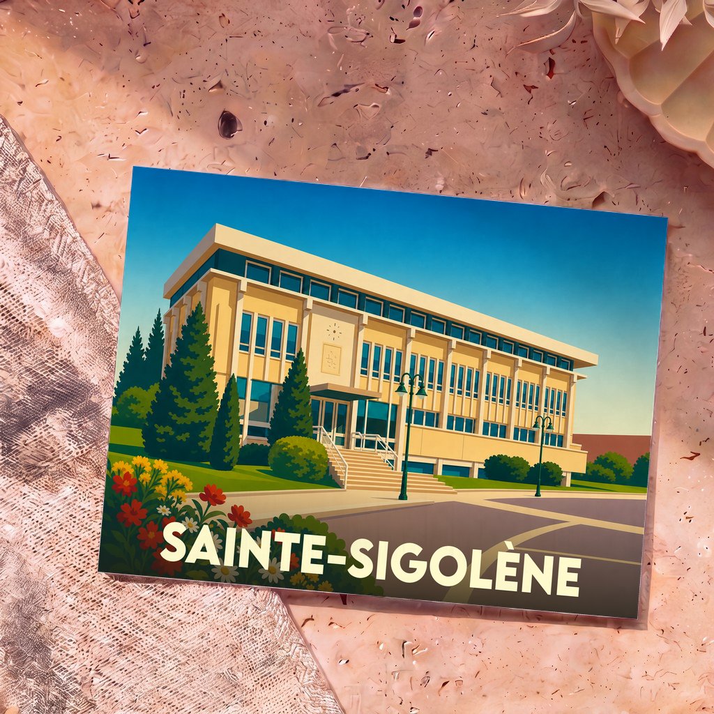 Carte postale souvenir de la ville de Sainte-Sigolène illustrée par un dessin stylisé de sa mairie.