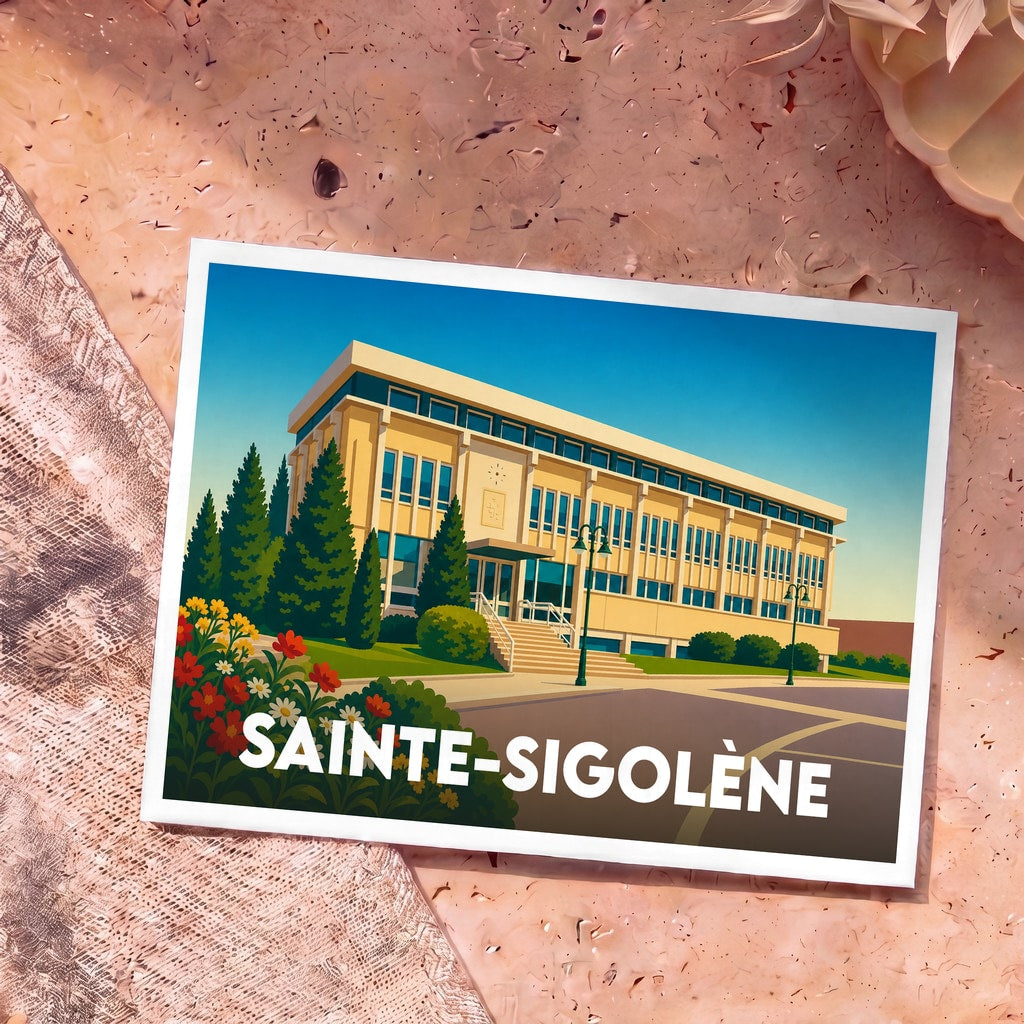 Carte postale souvenir de la ville de Sainte-Sigolène illustrée par un dessin stylisé de sa mairie.