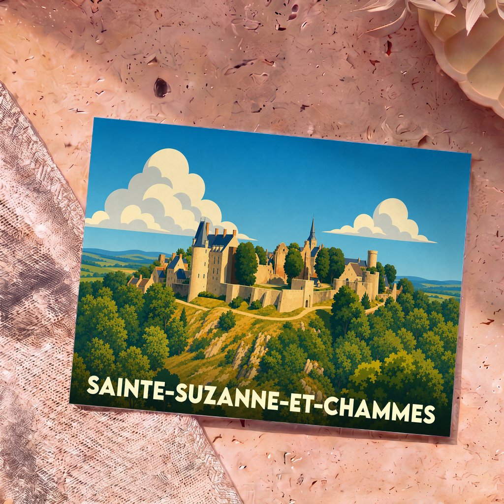 Carte postale souvenir de la commune de Sainte-Suzanne-et-Chammes avec une illustration stylisée de sa cité médiévale.