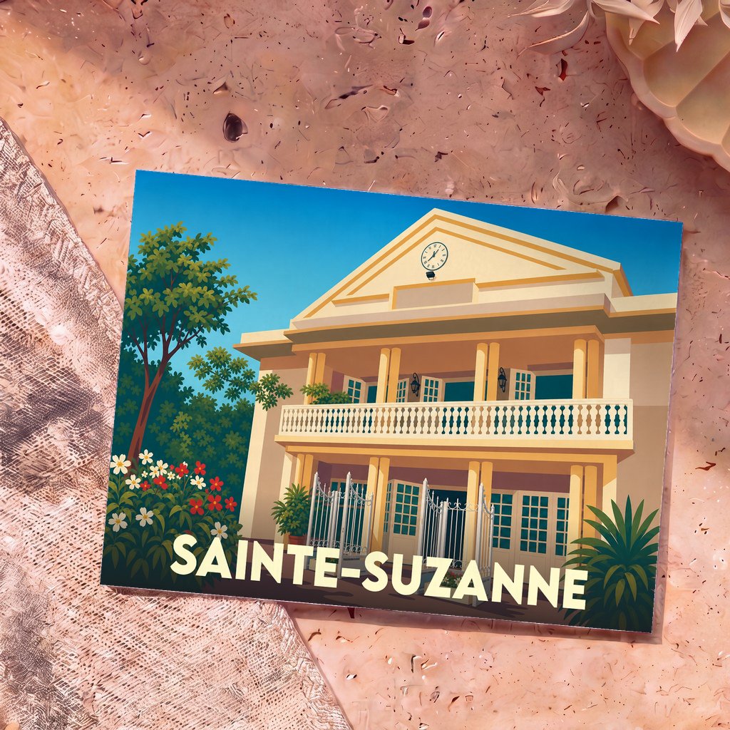 Carte postale souvenir de la ville de Sainte-Suzanne illustrant un bâtiment historique de style colonial sous un ciel bleu.