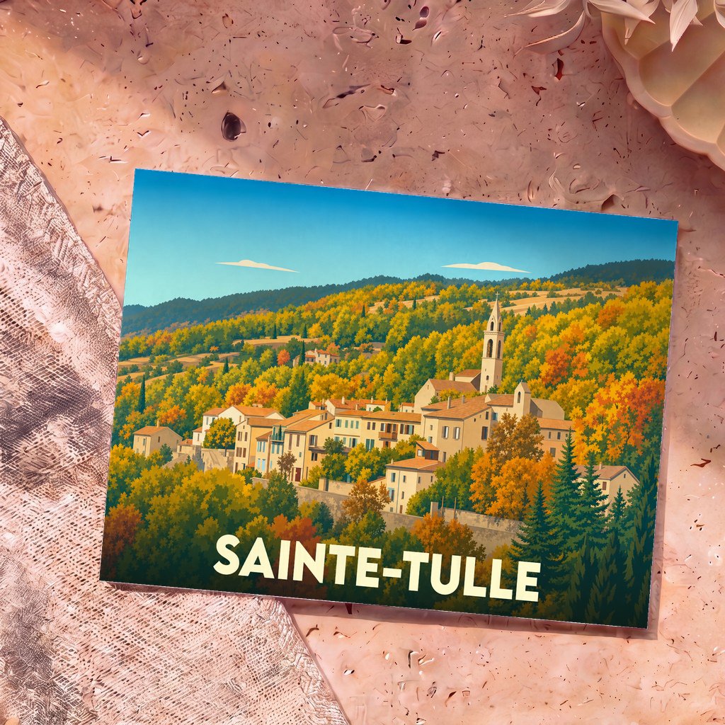 Carte postale souvenir de la ville de Sainte-Tulle avec une illustration stylisée de son village en automne.