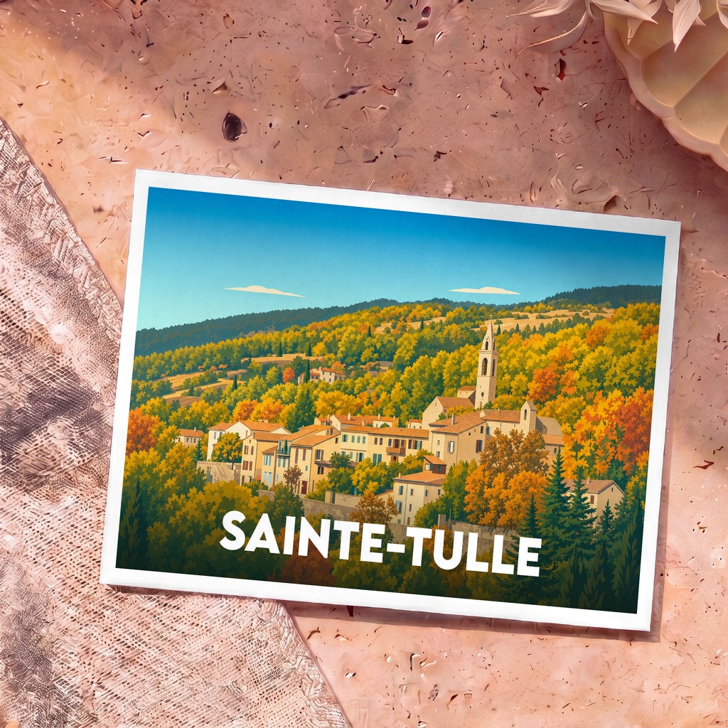 Carte postale souvenir de la ville de Sainte-Tulle avec une illustration stylisée de son village en automne.