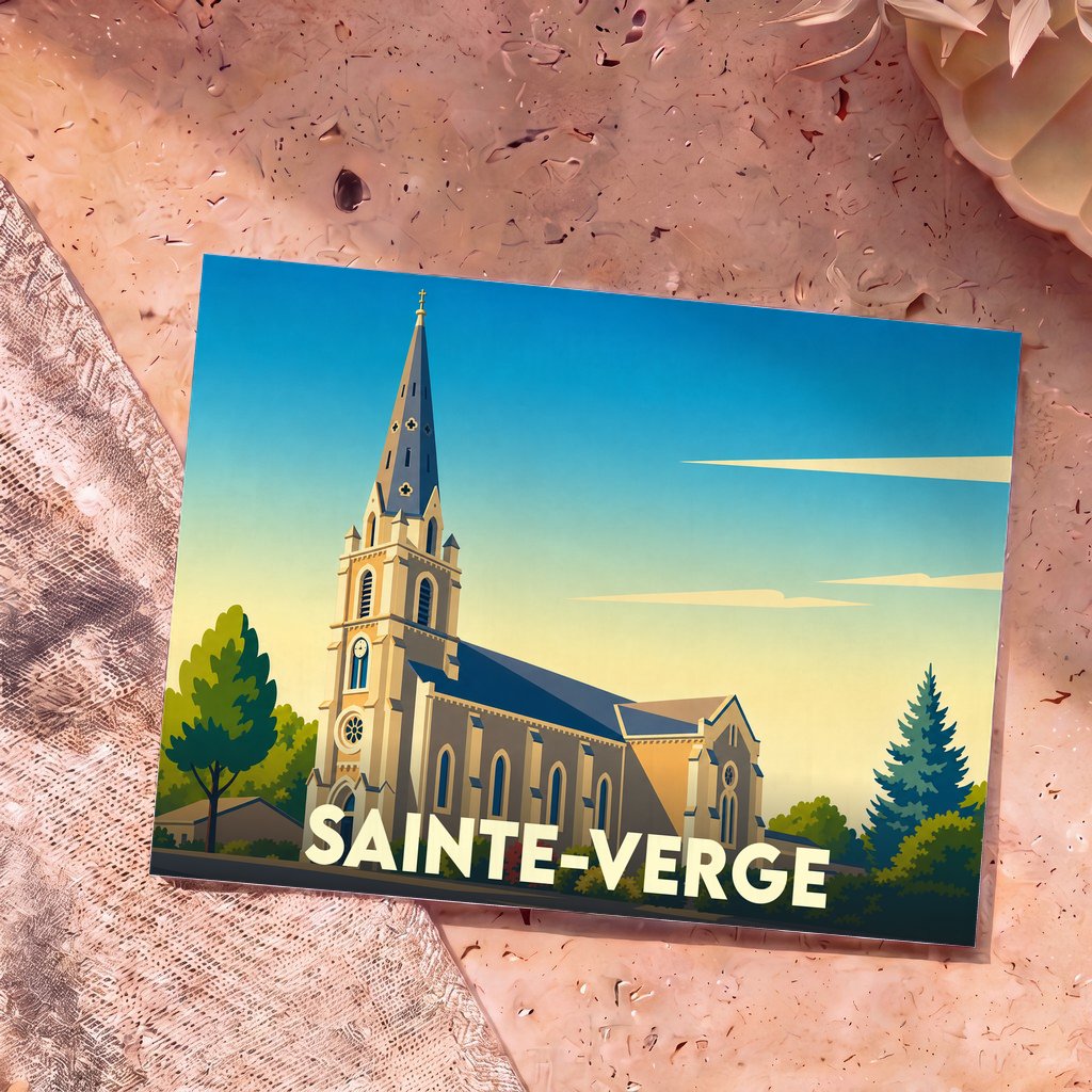 Carte postale souvenir de la ville de Sainte-Verge avec une illustration stylisée de son église.