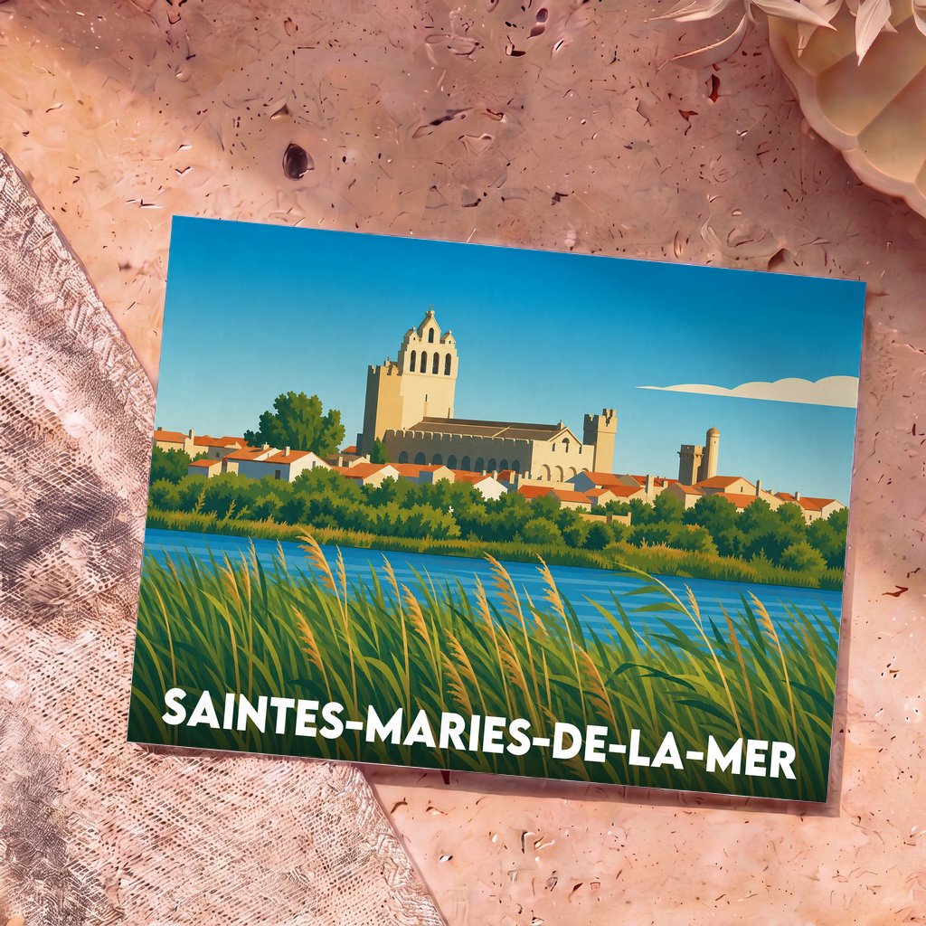 Carte postale souvenir de Saintes-Maries-de-la-Mer avec une illustration stylisée de l'église fortifiée dominant le village et les marais.