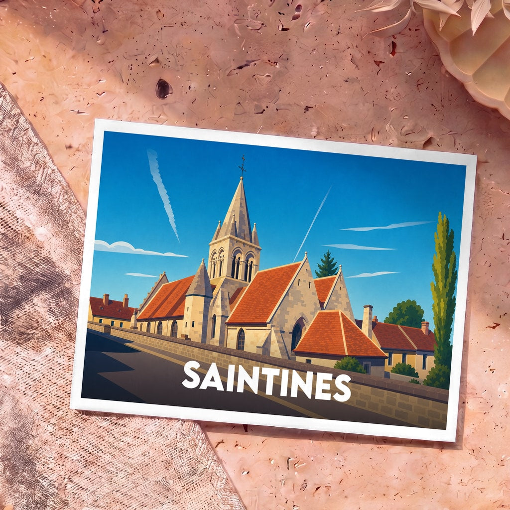 Carte postale souvenir de la ville de Saintines avec une illustration stylisée de son église sous un ciel bleu.