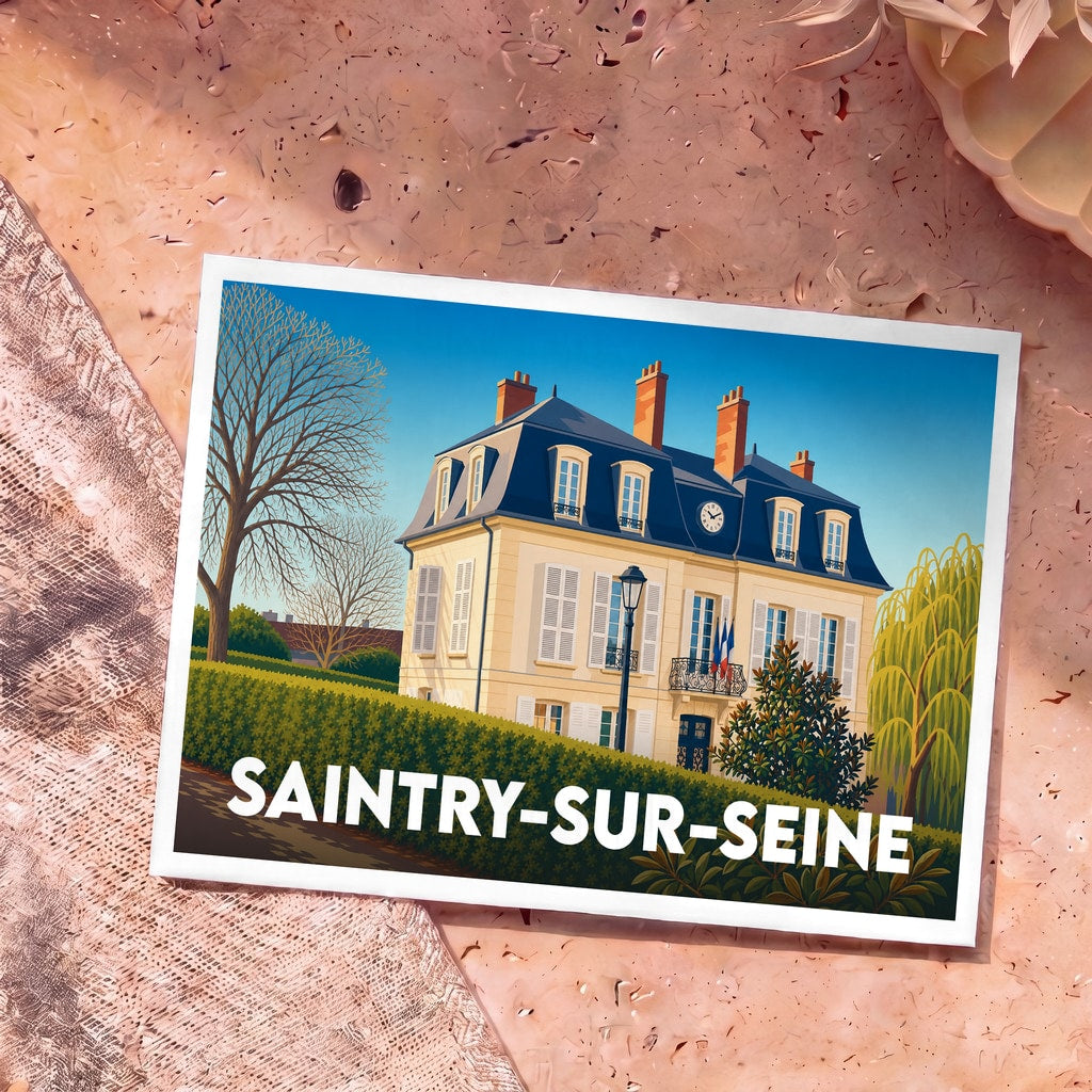 Carte postale souvenir de la ville de Saintry-sur-Seine avec une illustration stylisée de la mairie.