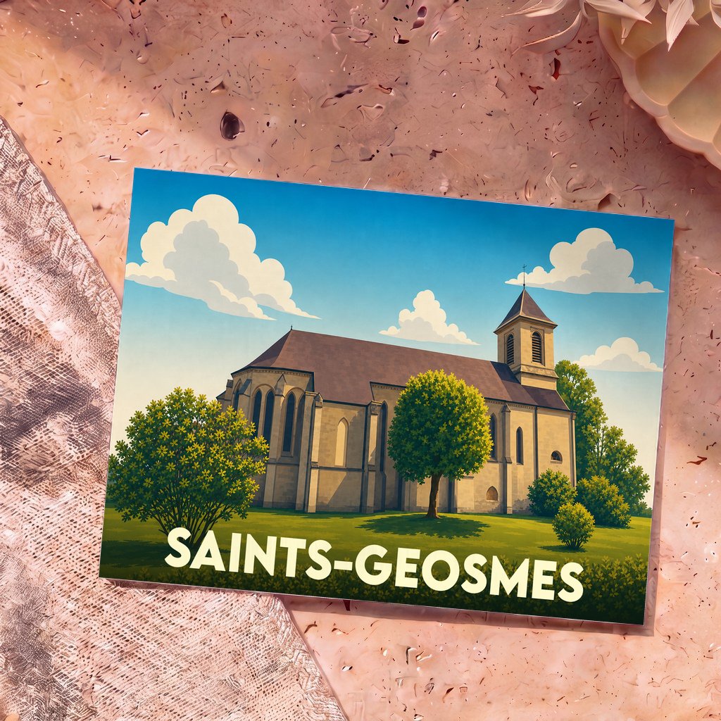 Carte postale souvenir de la ville de Saints-Geosmes avec une illustration stylisée de son église.