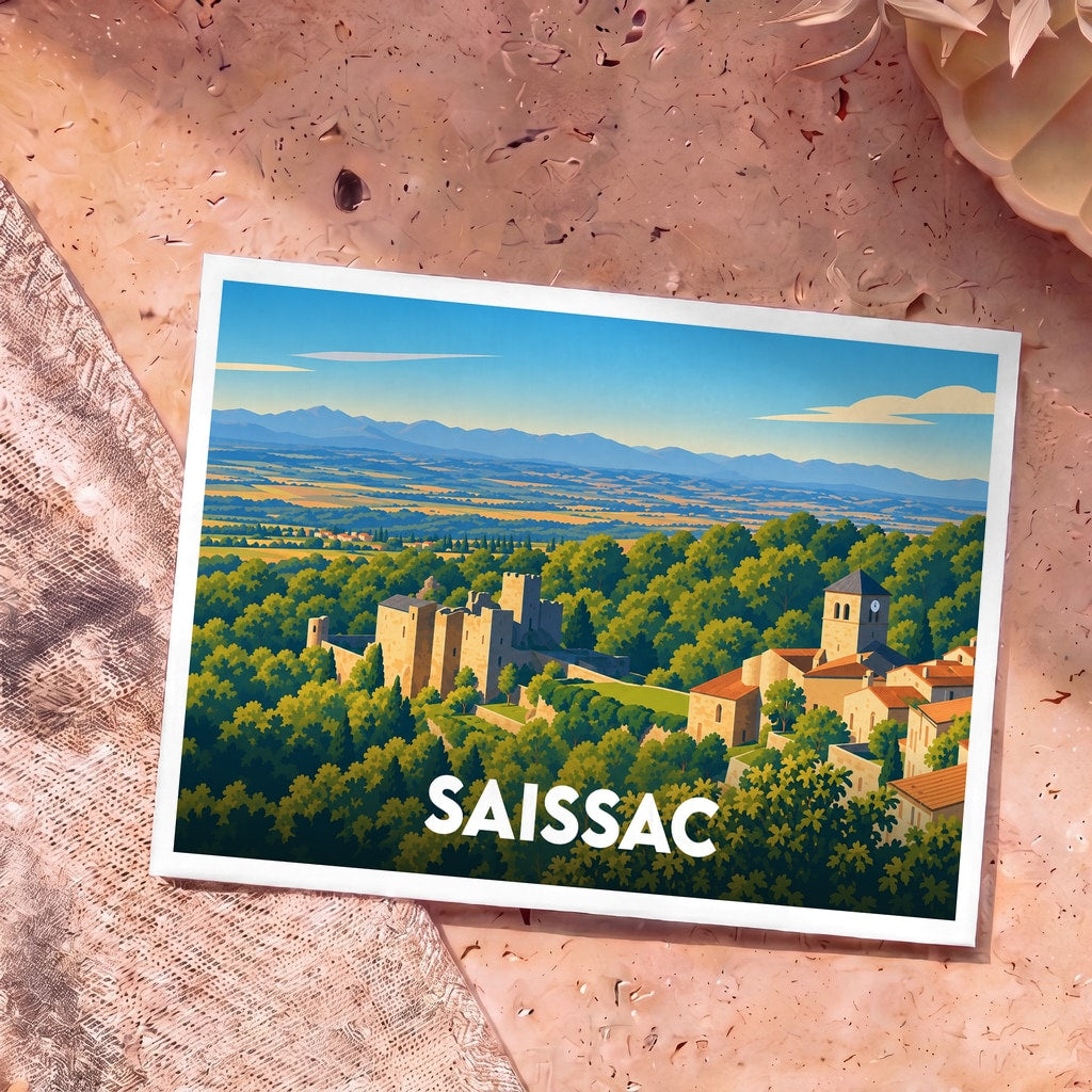 Carte postale souvenir de la ville de Saissac avec une illustration stylisée de son château et de son village nichés dans la forêt.