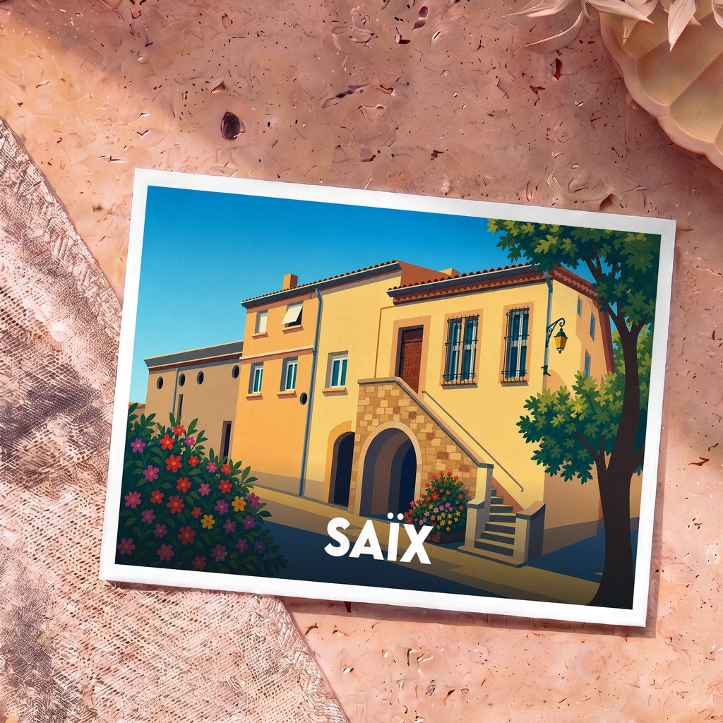 Carte postale souvenir de la ville de Saïx avec une illustration stylisée d'un bâtiment provençal sous un ciel bleu.