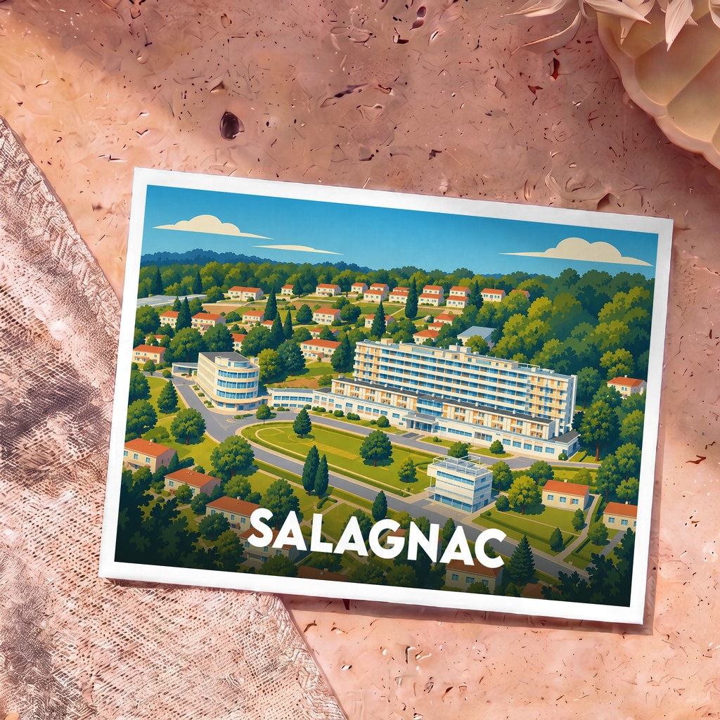 Carte postale souvenir de la ville de Salagnac avec une illustration stylisée.