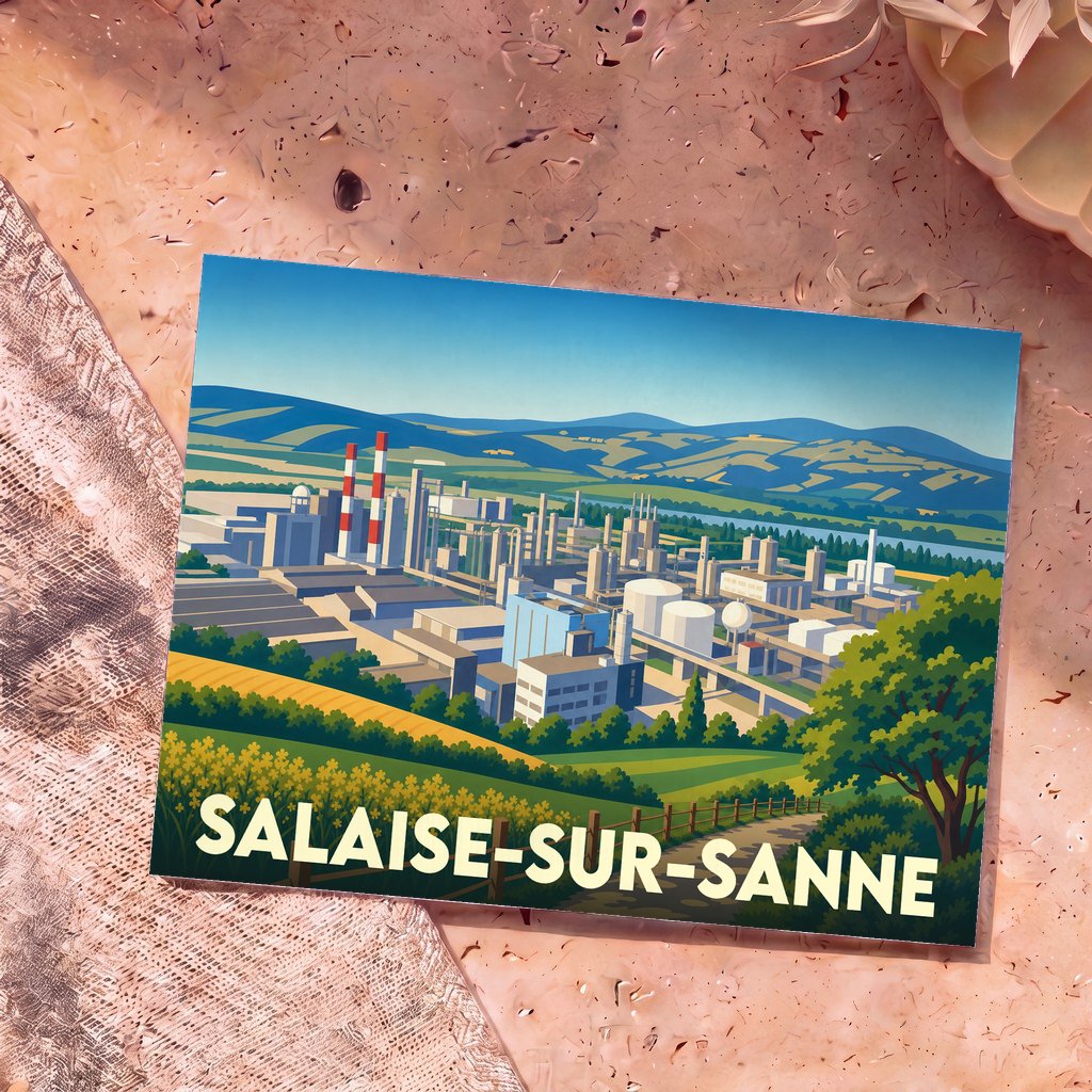 Carte postale souvenir de la ville de Salaise-sur-Sanne avec une illustration stylisée de sa zone industrielle.