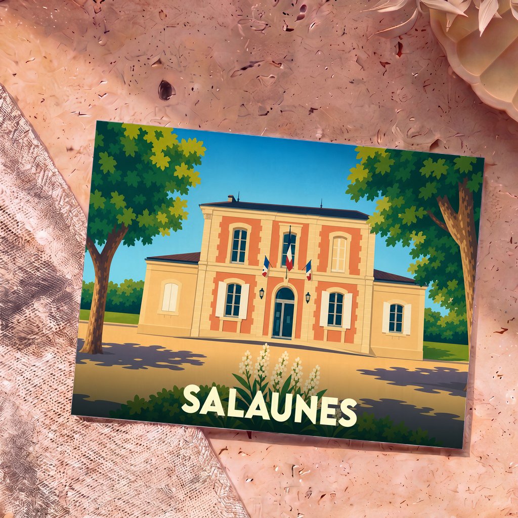 Carte postale souvenir de la ville de Salaunes avec une illustration colorée et stylisée de sa mairie.