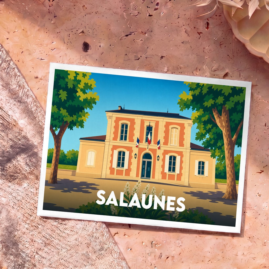 Carte postale souvenir de la ville de Salaunes avec une illustration colorée et stylisée de sa mairie.