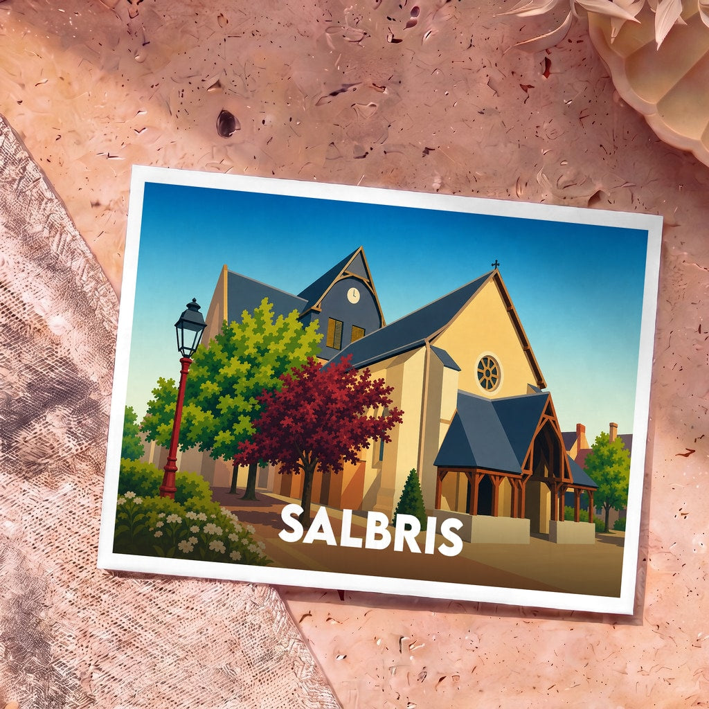 Carte postale souvenir de la ville de Salbris illustrant son église dans un style graphique épuré et coloré.