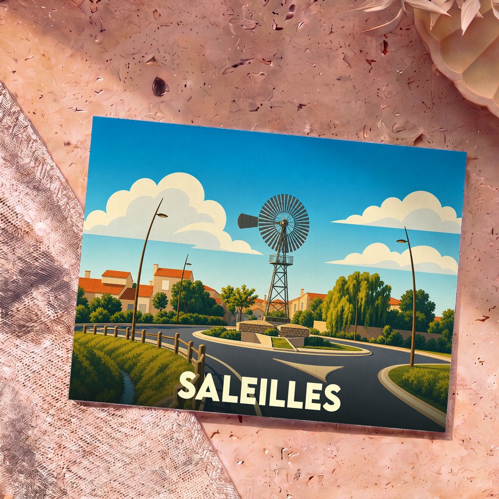 Carte postale souvenir de la ville de Saleilles avec une illustration stylisée représentant un moulin à vent sur un rond-point.