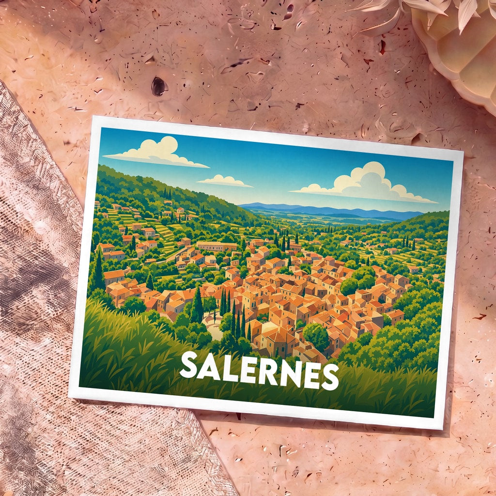 Carte postale souvenir de la ville de Salernes avec une illustration stylisée de ses collines et de ses toits provençaux.