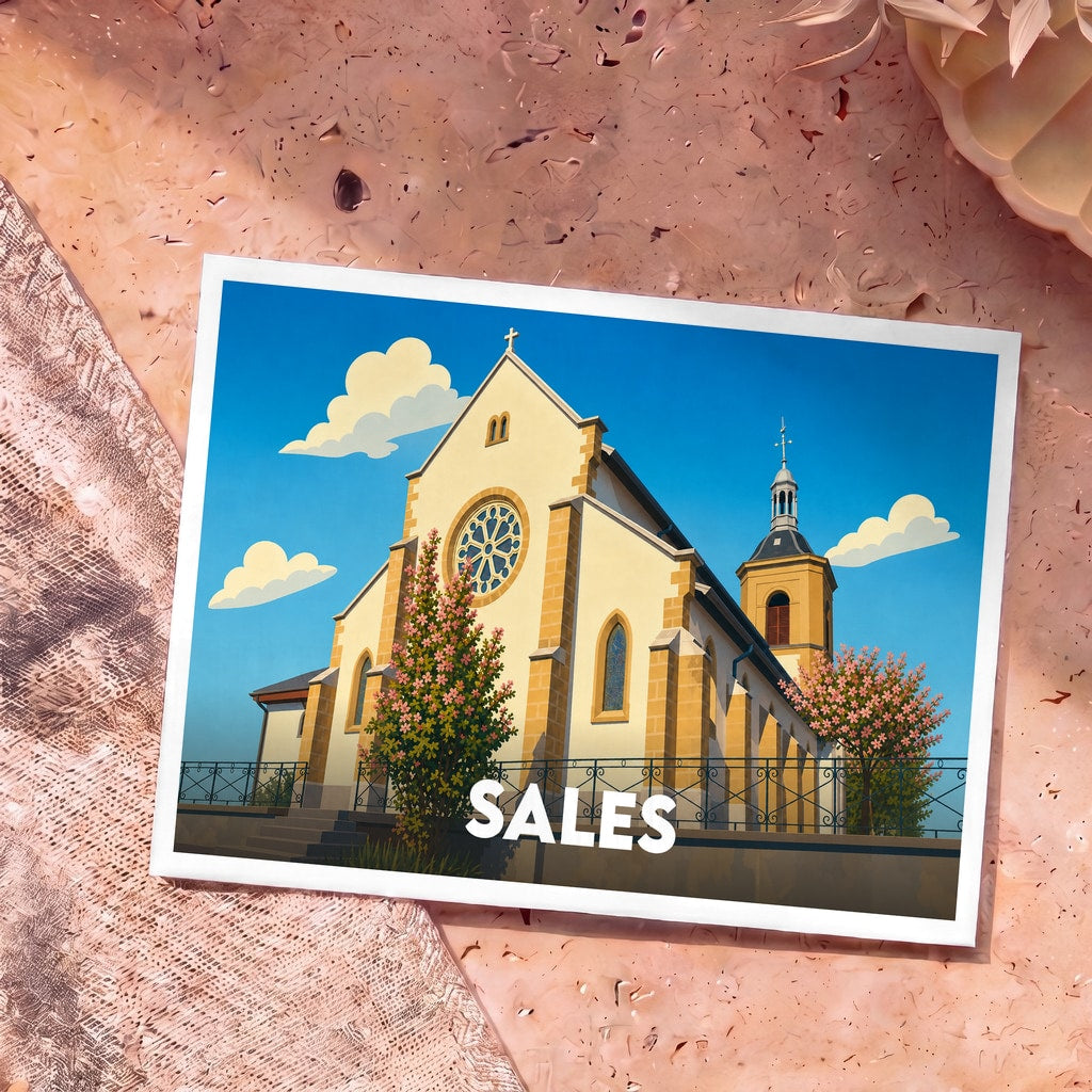 Carte postale souvenir de la ville de Sales illustrée par une église stylisée sous un ciel bleu.