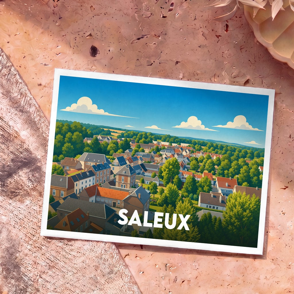 Carte postale souvenir de la ville de Saleux avec une illustration stylisée et colorée.