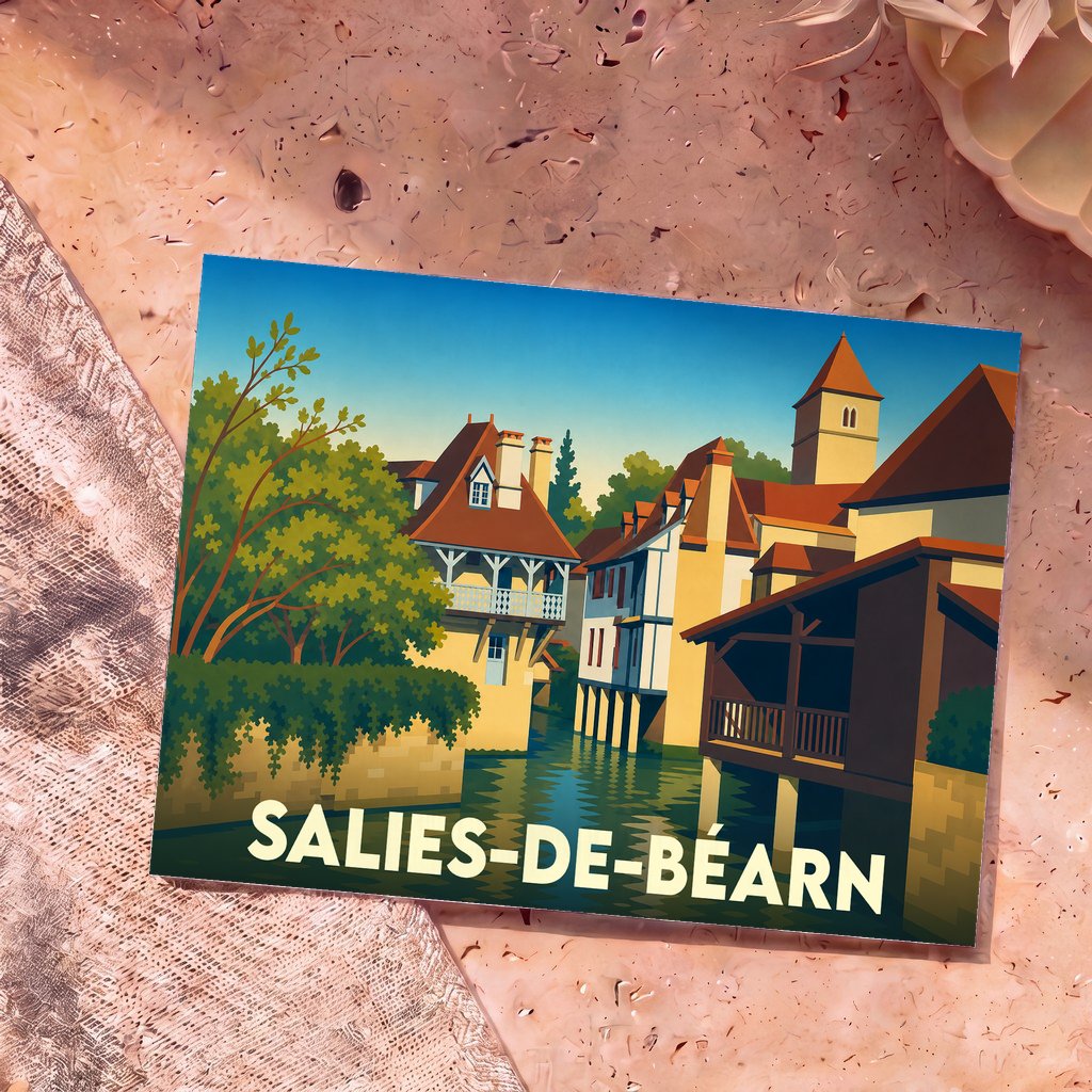 Carte postale souvenir de la ville de Salies-de-Béarn illustrée d'un paysage urbain stylisé avec des maisons au bord de l'eau.
