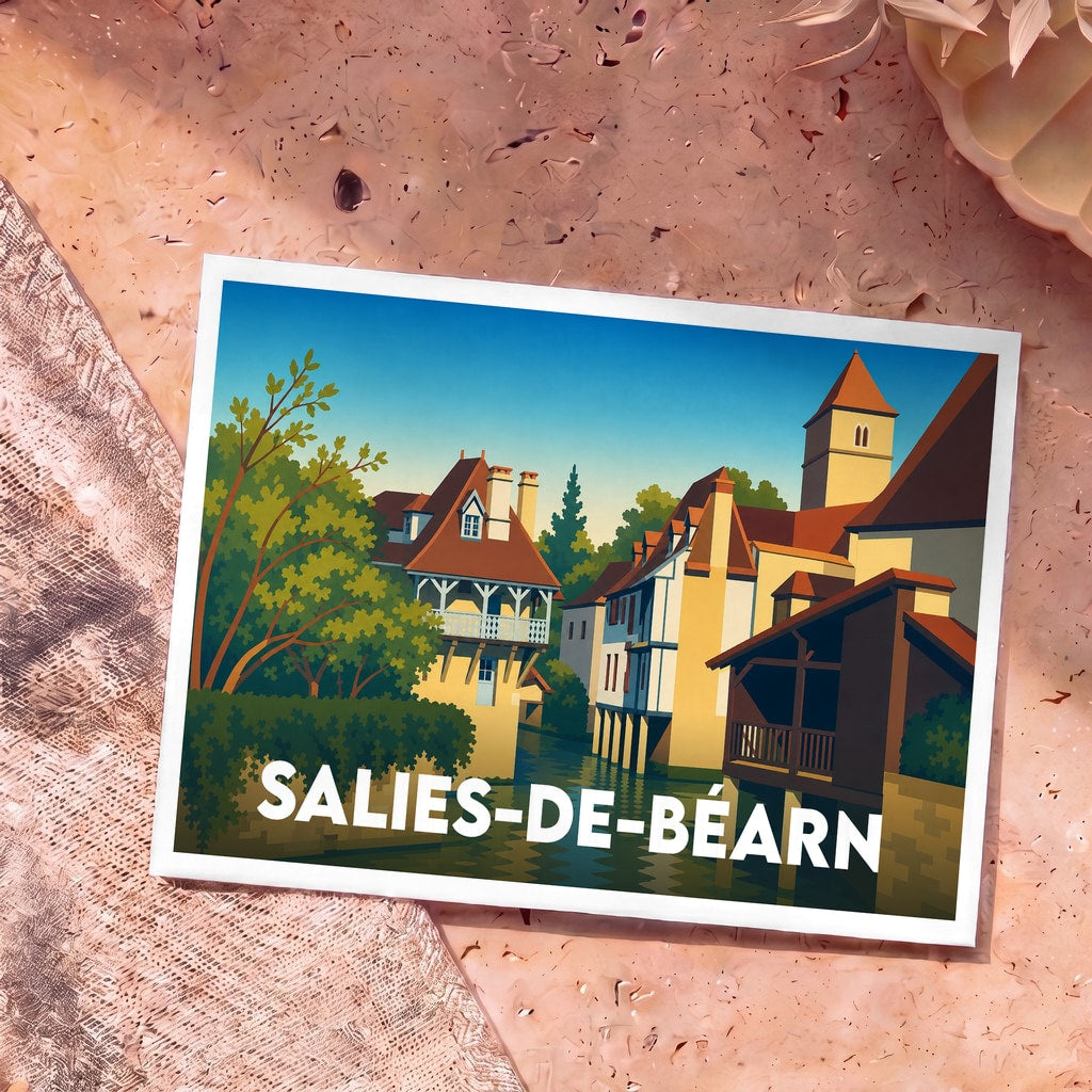Carte postale souvenir de la ville de Salies-de-Béarn illustrée d'un paysage urbain stylisé avec des maisons au bord de l'eau.