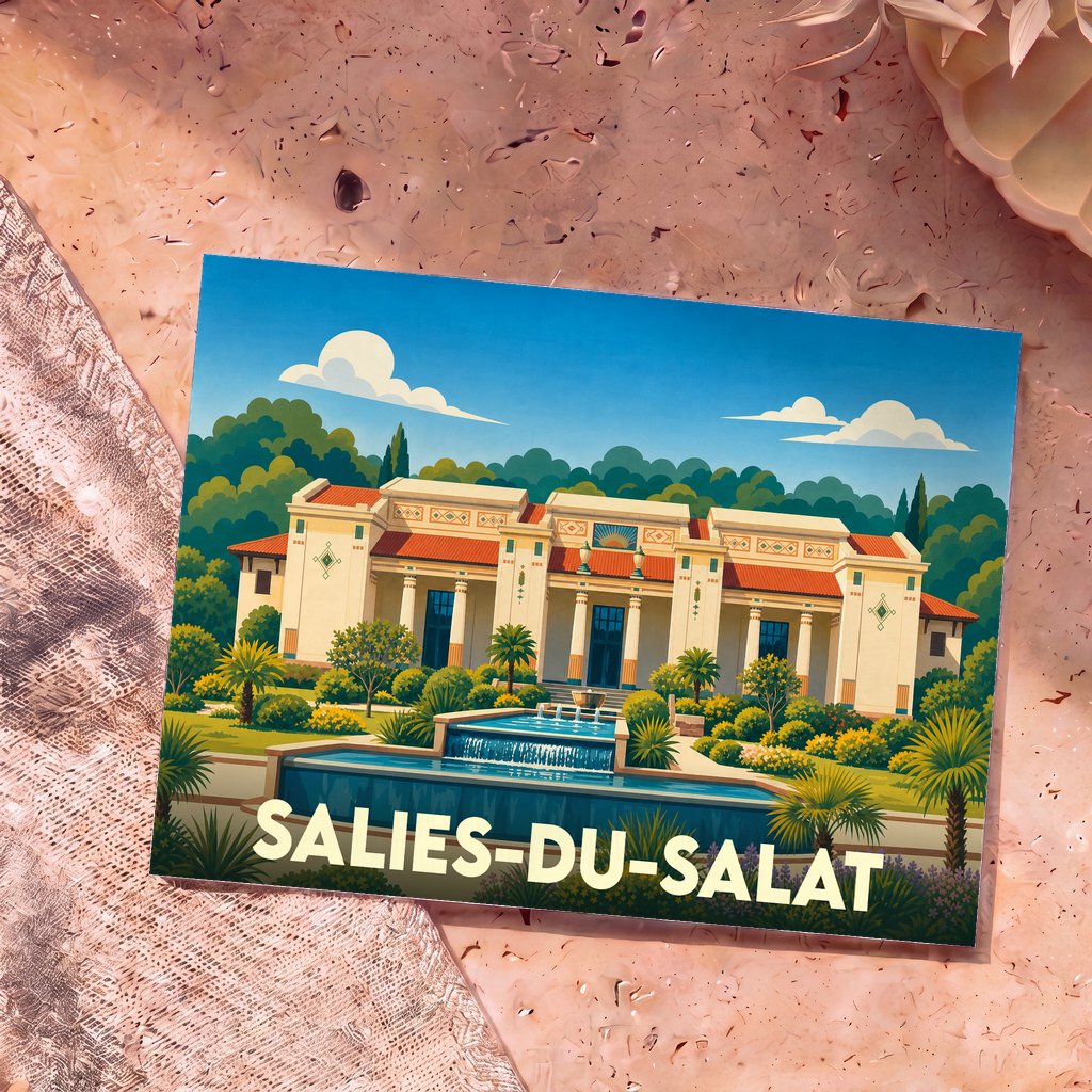 Carte postale souvenir de la ville de Salies-du-Salat avec une illustration stylisée de ses thermes et de ses jardins.