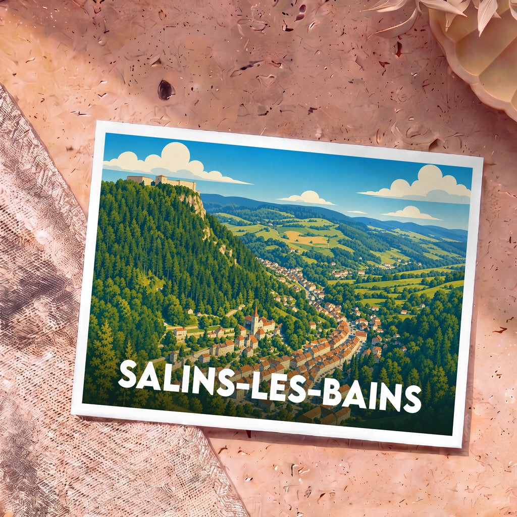 Carte postale souvenir de la ville de Salins-les-Bains avec une illustration stylisée de sa vallée verdoyante.