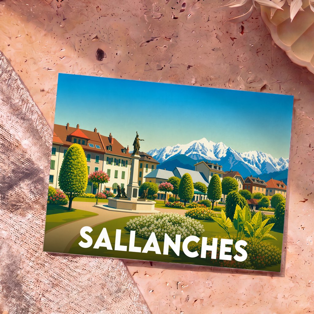 Carte postale souvenir de la ville de Sallanches avec une illustration stylisée de sa place centrale et des montagnes enneigées.