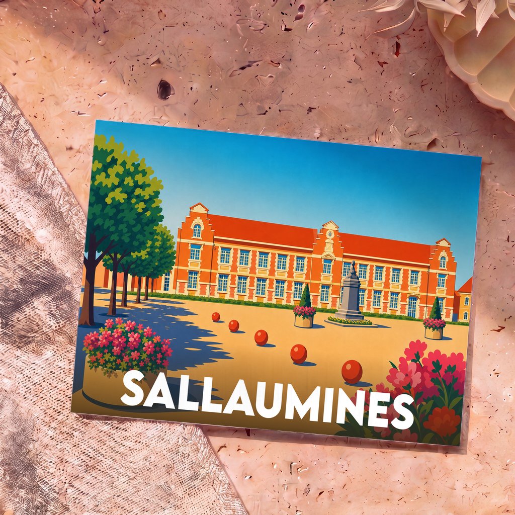 Carte postale souvenir de la ville de Sallaumines avec une illustration stylisée de l'hôtel de ville.